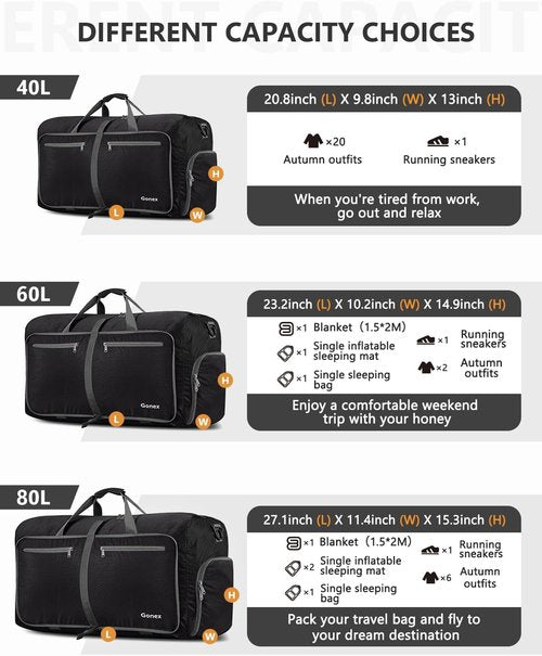 Gonex Large Foldable Travel Duffle Bag - Packable, Lightweight & Water-Repellent | 40L-150L Sizes