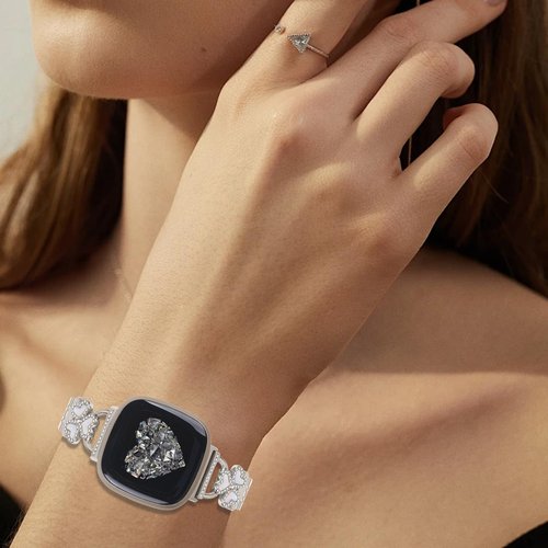 YouthRun Bling Love Clover Bands For Women Compatible With Versa 4/Versa 3/Sense 2/Sense Stainless Steel Adjustable Replacement Strap.