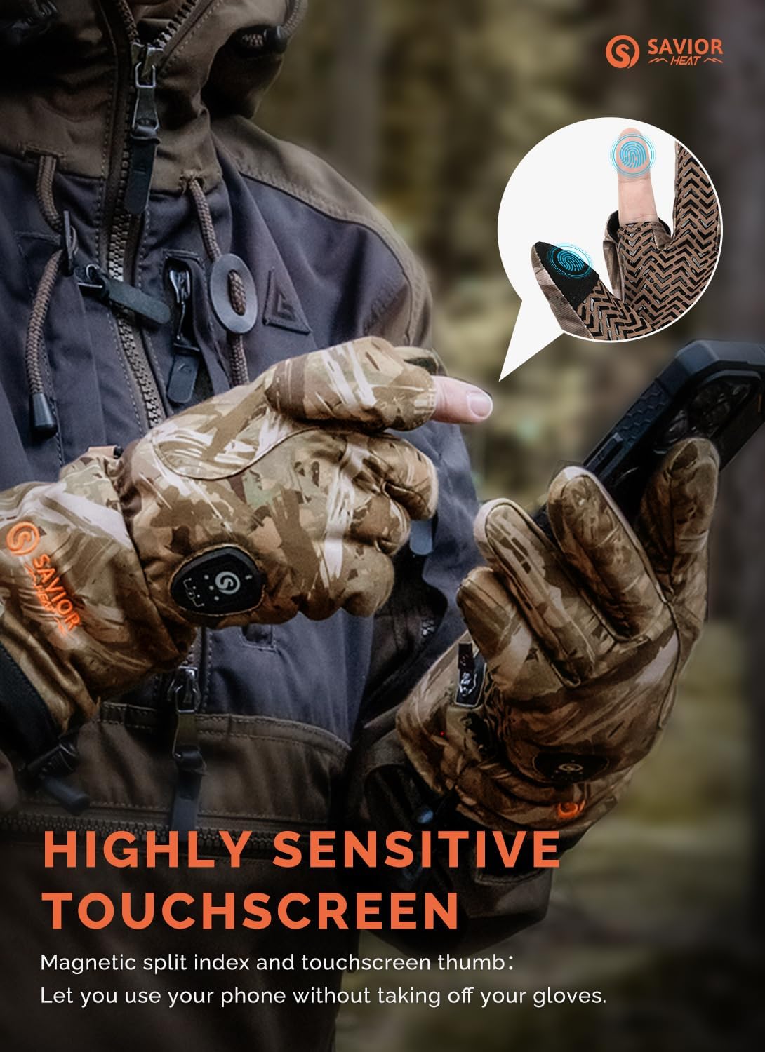 SAVIOR HEAT Heated Gloves - Upgraded Waterproof Electric Gloves for Hunting | 11H Type-C Camo Design