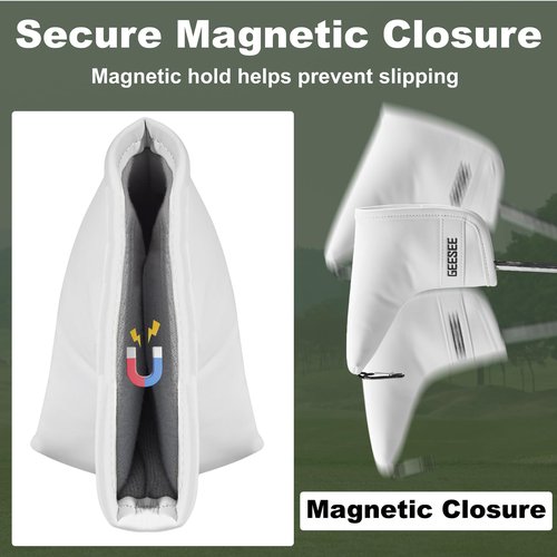GEESEE Golf Putter Cover with Premium PU Leather, Magnetic Blade Putter Headcover, Soft Lined Design for Secure Fit, Durable Putter Cover for Blade Style Putters Golf Clubs-1 Unit (PU-Blade-White)