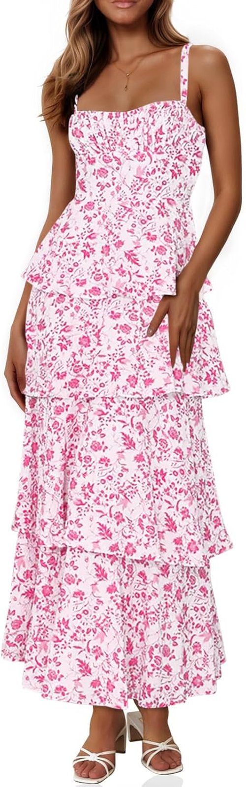 Fisoew Women's Floral Maxi Dress - Casual Sleeveless Ruffle Design | Flowy Tiered Style