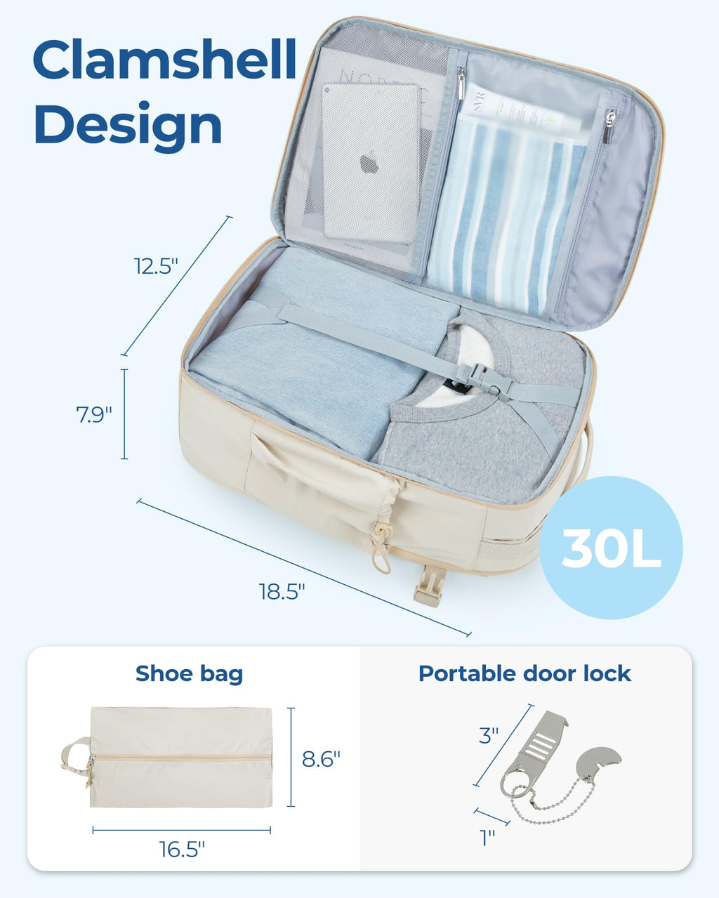 BAGSMART Carry On Travel Backpack, 17 Inch Large Travel backpack Carry On Flight Approved, Anti-theft Personal Item Backpack Travel Bag With Shoe Bag, 30L Water Resistant Casual Daypack, Beige