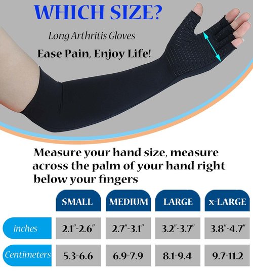 Long Arthritis Compression Gloves for Women Men, Copper Gloves for Joint Pain Relief, Swelling, RSI, Fingerless Carpal Tunnel Glove for Work, Computer Typing, Support Hands, Wrist and Arms (Large)