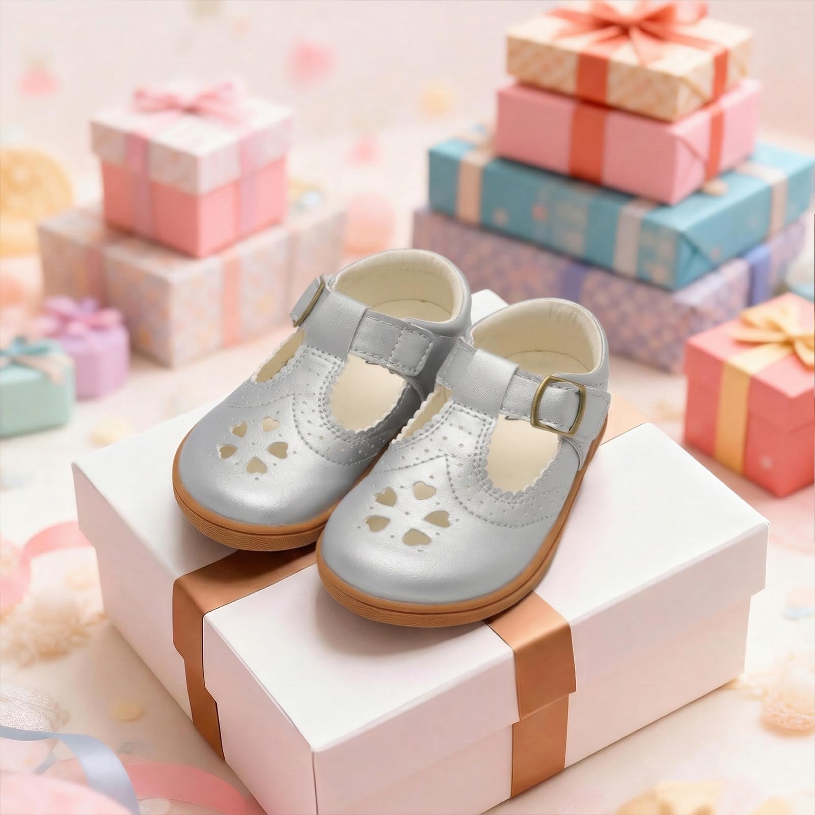 LeIsfIt Toddler Girls Shoes Flower Girl Mary Jane Dress Shoes Wide Ballet Flats forParty School Wedding Church Silvery 5 Toddler