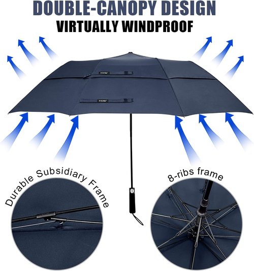 G4Free 62-Inch Portable Golf Umbrella - Large Windproof & Waterproof Double Canopy | Dark Blue