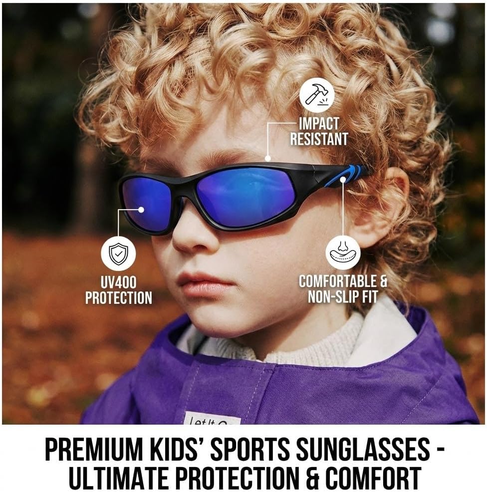 Skiennix Kids Baseball Sunglasses - Unbreakable Polarized Sports Shades with Strap for Ages 4-12
