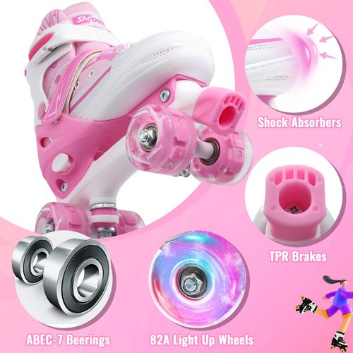 SMOOJOY Kids Roller Skates for Girls Boys Youth, Adjustable Light-Up Canvas Pink Quad Skate for Ages 6-12 Beginners' Outdoor Indoor Sports