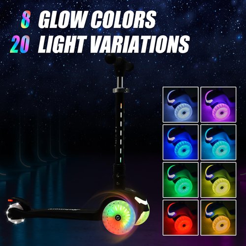 Rahmory 3-Wheel Light-Up Kids Scooter,20 Different Light Patterns,Three Adjustable Heights,Lean to Steer, Folding Scooter for Ages 3-8