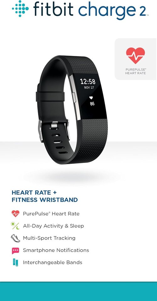 Fitbit Charge 2 Fitness Wristband - Heart Rate Monitor in Black, Large Size (US Version)