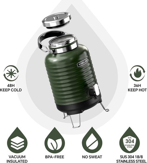 IDEUS Insulated Beverage Dispenser - Vacuum Double-Wall Stainless Steel Water Cooler | 1.4 Gallon, Green