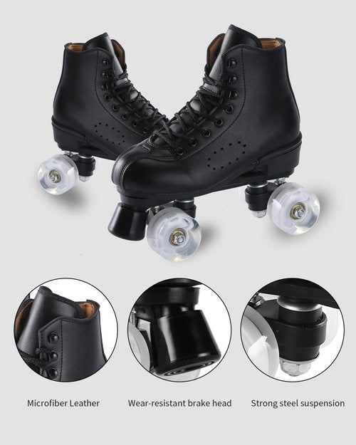 Ugboiu Roller Skates for Men and Women, Black Derby Roller Skates with 4 Shiny Wheel, Classic Double-Row Skates for Indoor and Outdoor