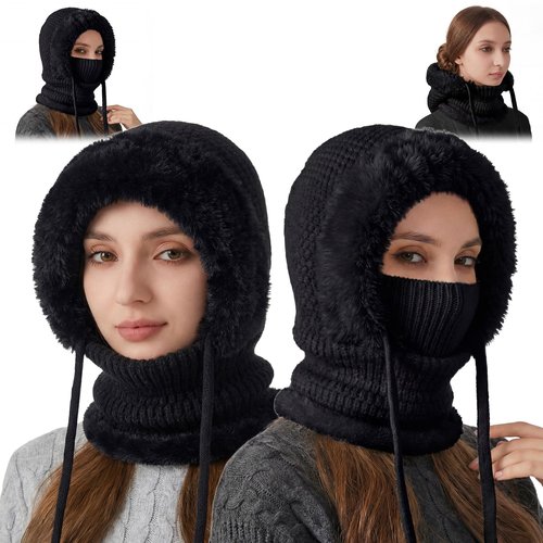 PolaZIA 3 in 1 Beanie Hat with Scarf and Mask, 3-in-1 Beanie Hat for Women, Windproof Scarf Hat, Womens Winter Hat, Knitted Ski Scarf and Face Mask, Wind Resistant Hooded Scarf, Winter Face Mask-A