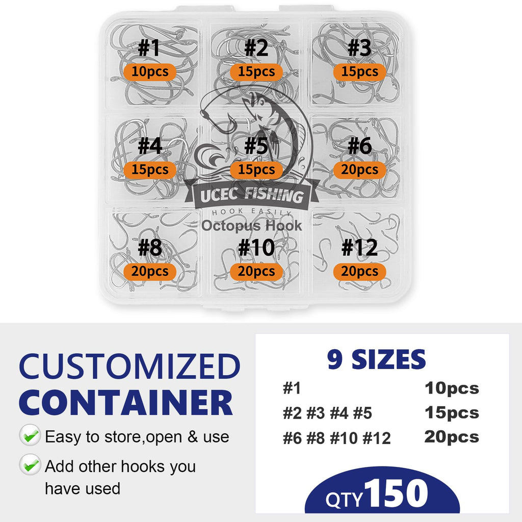 UCEC Small Fishing Hooks Freshwater, 150PCS Barbed Octopus Hook Kit, Catfish Circle Hooks Saltwater Fishing Hook Set High Carbon Steel Size #1#2#3#4#5#6#8#10#12