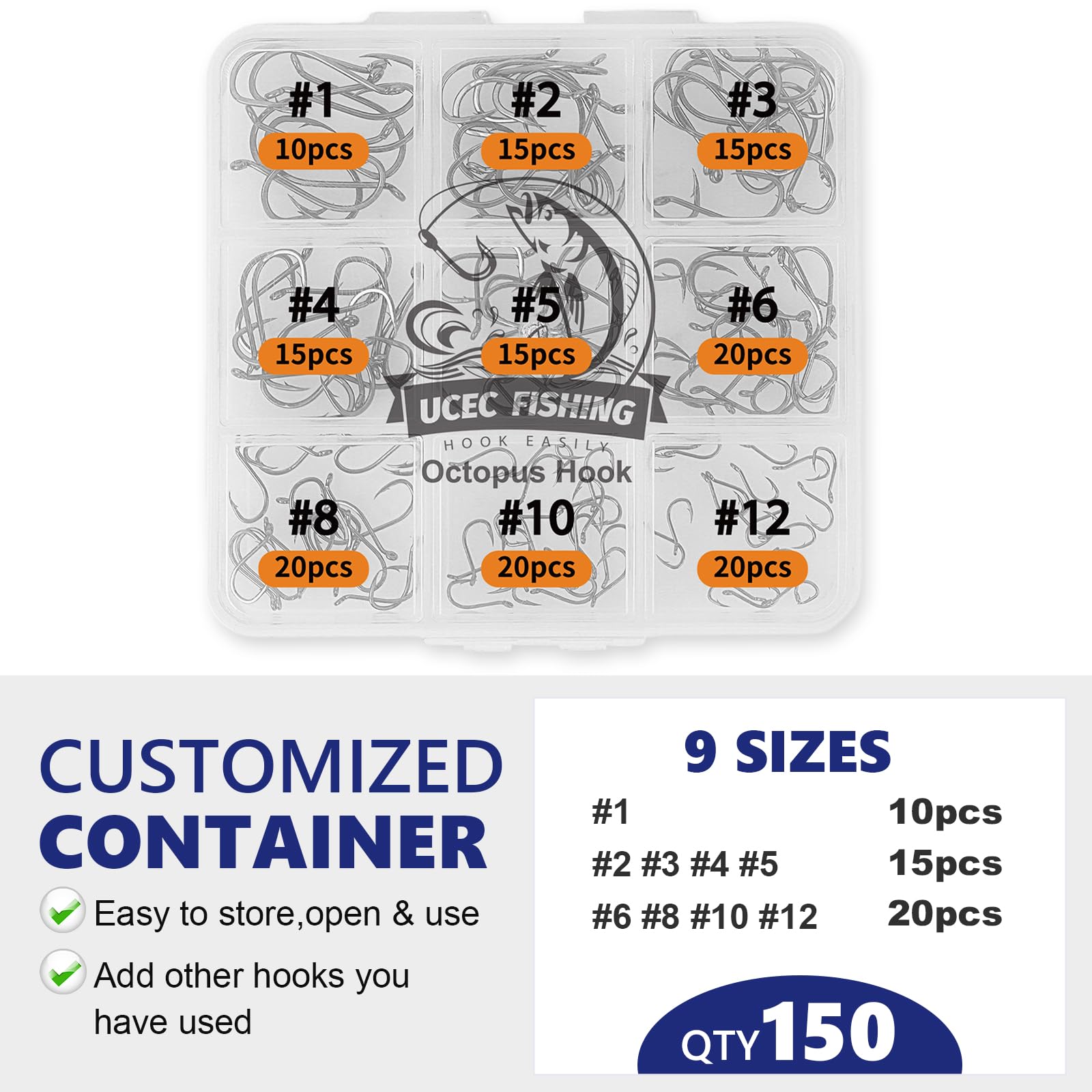 UCEC Small Fishing Hooks Freshwater, 150PCS Barbed Octopus Hook Kit, Catfish Circle Hooks Saltwater Fishing Hook Set High Carbon Steel Size #1#2#3#4#5#6#8#10#12