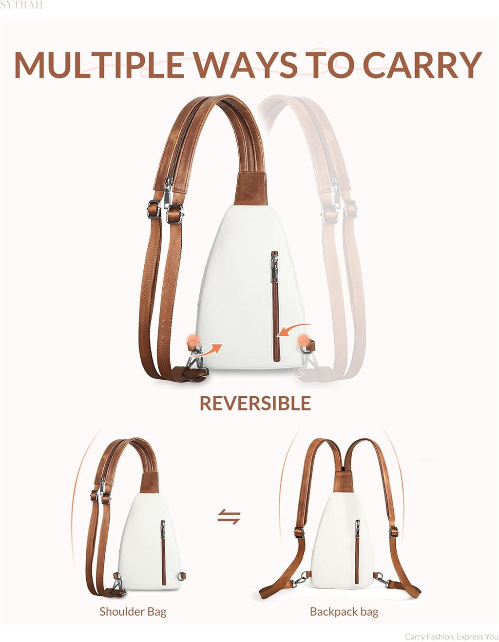 Skiennix Sling Bag for Women - Trendy Vegan Leather Crossbody Backpack | Dual-Purpose Strap, Beige Brown
