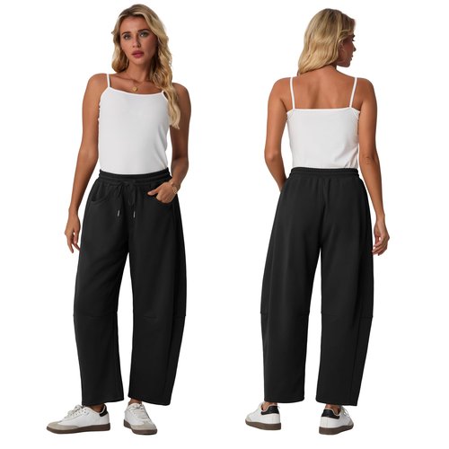 Lepunuo Barrel Sweatpants Women Casual Baggy Elastic Waisted Pants Wide Leg Gym Trousers with Pockets Black
