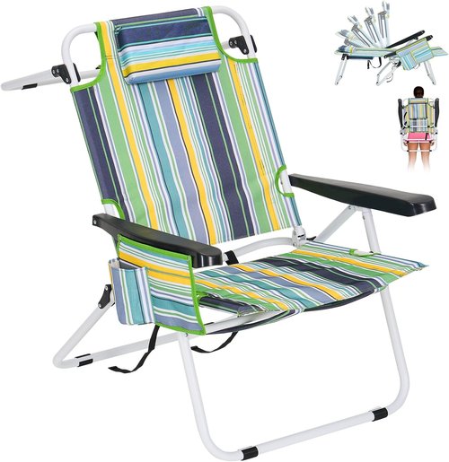 ABORON 17" Tall Folding Beach Chair - Heavy Duty 600D Oxford Fabric, 5-Position Recline & Cooler Bag