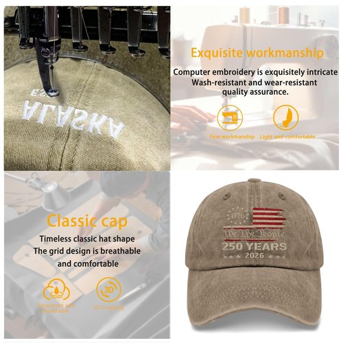U.S. 250th Anniversary Embroidered Baseball Cap – 250 Years of Freedom 1776-2026 Patriotic Hat in Khaki