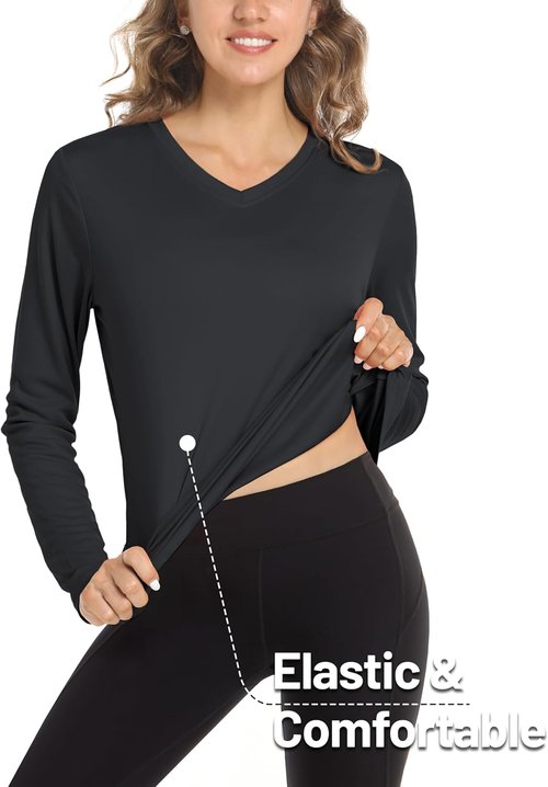 MAGCOMSEN SPF Long Sleeve Workout Shirts for Women - V-Neck UPF 50+ Quick Dry Performance Tees