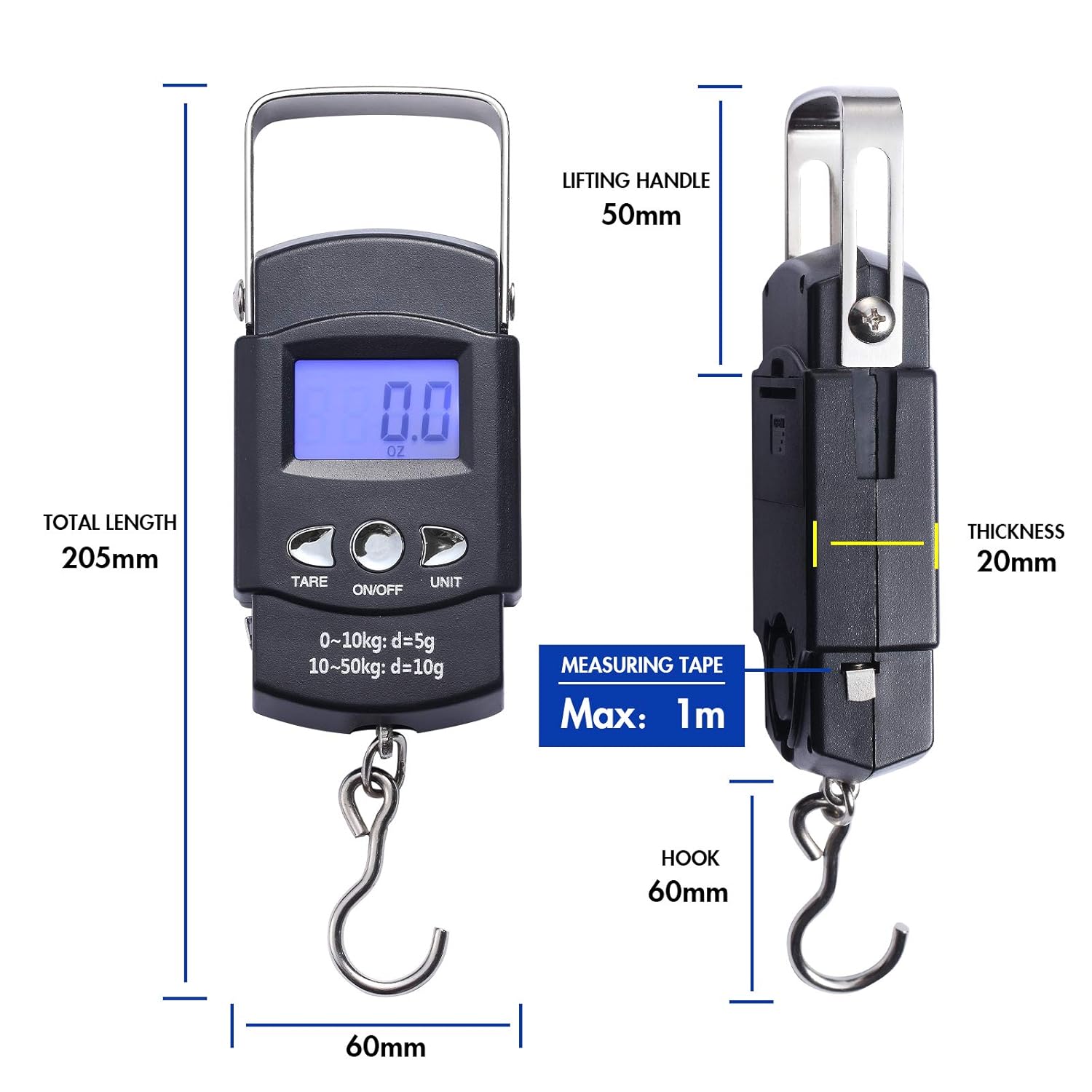 Portable Fish Scale by [Brand Name] - 110lb Capacity with Backlit LCD Display & Measuring Tape | Black