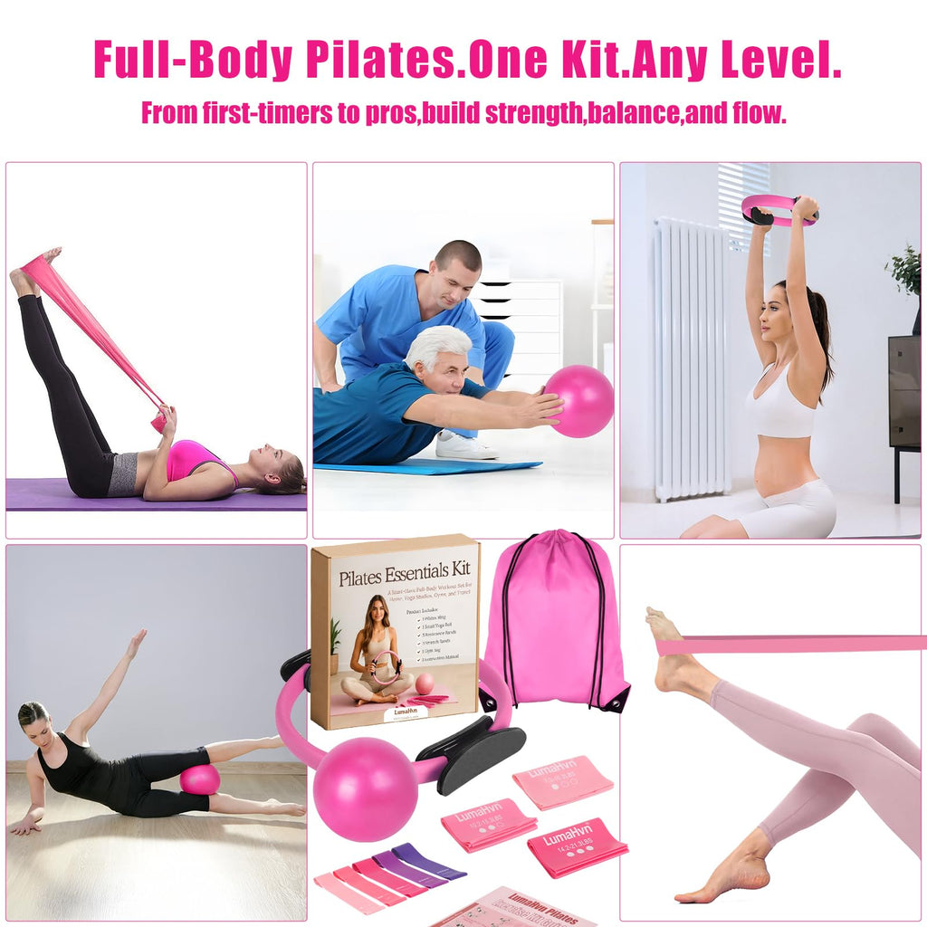 pilates essentials kit for home workouts, pink pilates equipment set with pilates Rings, yoga ball, instructions, workout bands resistance for women-better pilates ring and ball set for beginners