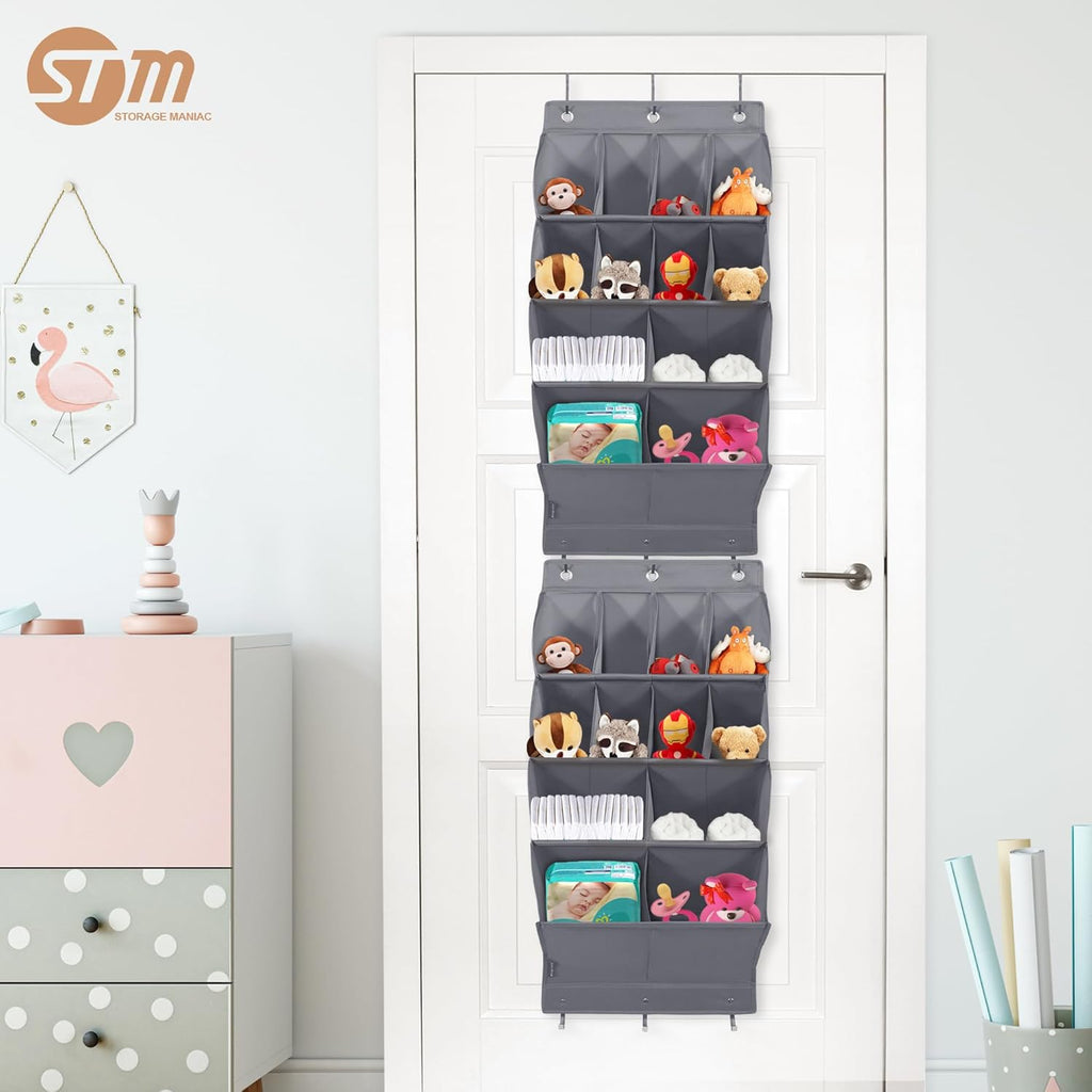 Storage Maniac Over Door Shoe Organizer - 2 Pack with 12 Large Pockets for Efficient Closet Storage | Grey