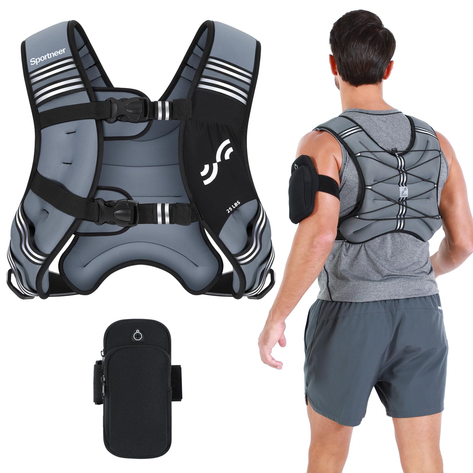 Sportneer Weighted Vest for Women Men: 25lb Comfortable Weight Vest with Storage Pocket Reflective Stripe Rucking Vest for Walking Running Strength Training Fitness Weight Loss Weightlifting Gray