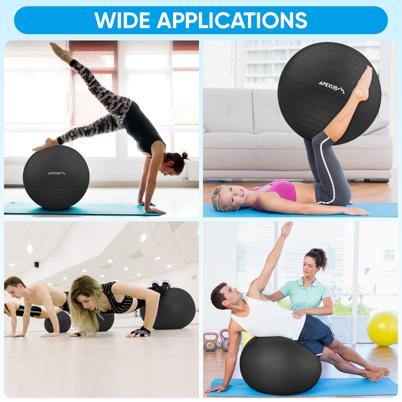 APEXUP Yoga Ball, 660 lbs Anti-Burst Exercise Ball with Pump, 5 Sizes (S (15"~18") 45cm, Black)