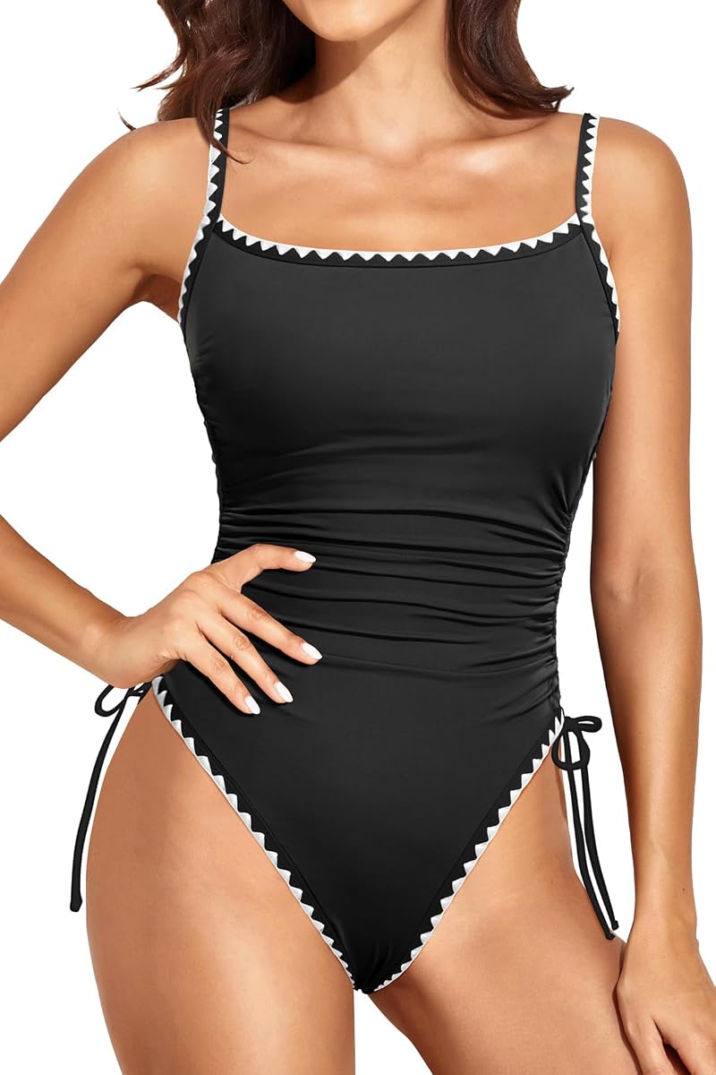 Daci Women's High Cut One Piece Swimsuit with Tummy Control - Black & White, Medium