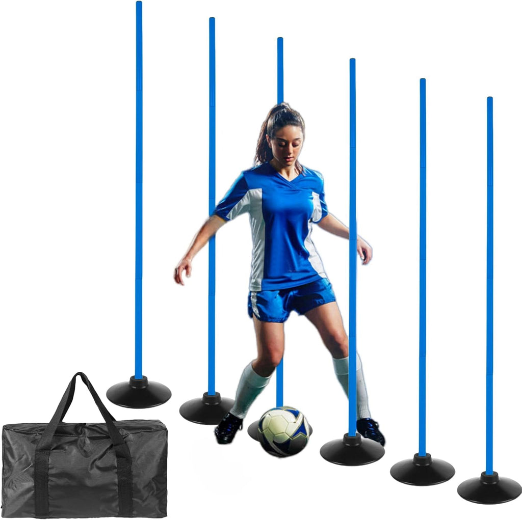 Skiennix 5FT Adjustable Agility Training Poles - 6 Pcs Set for Soccer, Basketball, Football & Dog Training | Blue with Rubber Bases