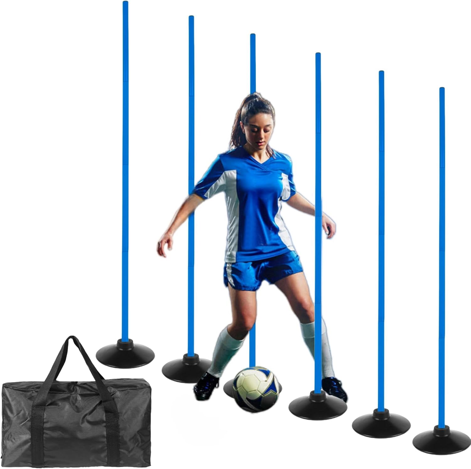 Skiennix 5FT Adjustable Agility Training Poles - 6 Pcs Set for Soccer, Basketball, Football & Dog Training | Blue with Rubber Bases
