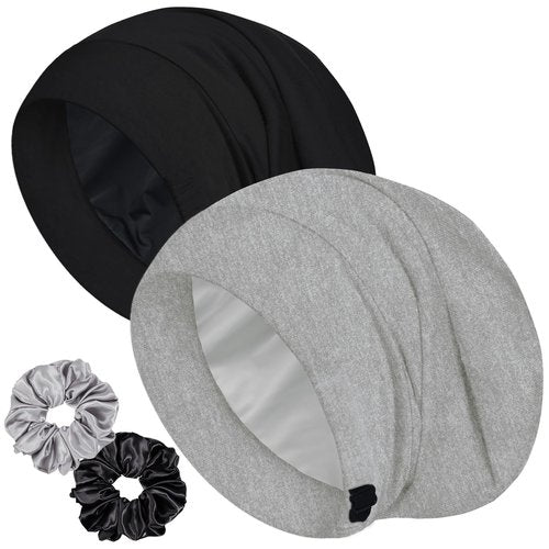 2pcs Sleep Cap Bonnet for Sleeping, Adjustable Cooling Ice Silk Lined Hair Bonnets for Natural Curly Braids Beanie Hat Women Men