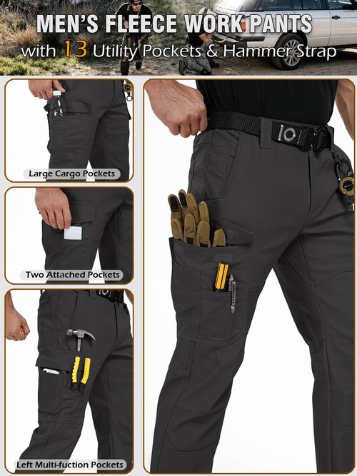 CARWORNIC Men's Ripstop Fleece Lined Tactical Work Pants Warm Water Resistant Flex Utility Cargo Skiing Hiking Pants Black