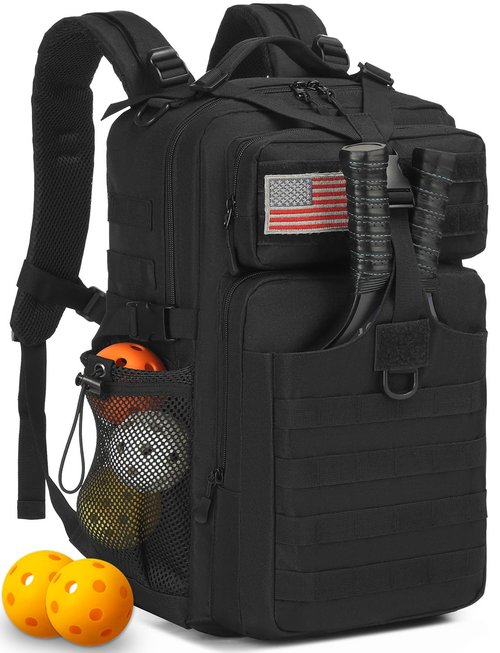 BISKLNDN Pickleball Backpack for Men and Women, Tactical Pickleball Paddle Bag with Molle System Design, Multi-Functional Pickleball Bag for Pickleball Lovers, Black