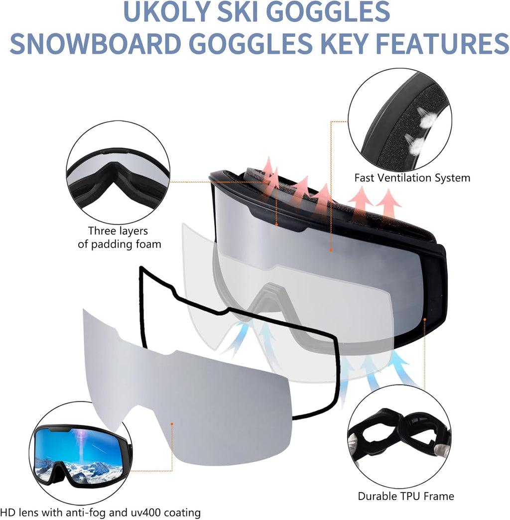 Ukoly Ski & Snowboard Goggles - HD Anti-Fog Lens, OTG Design, UV400 Protection | Windproof for Men & Women