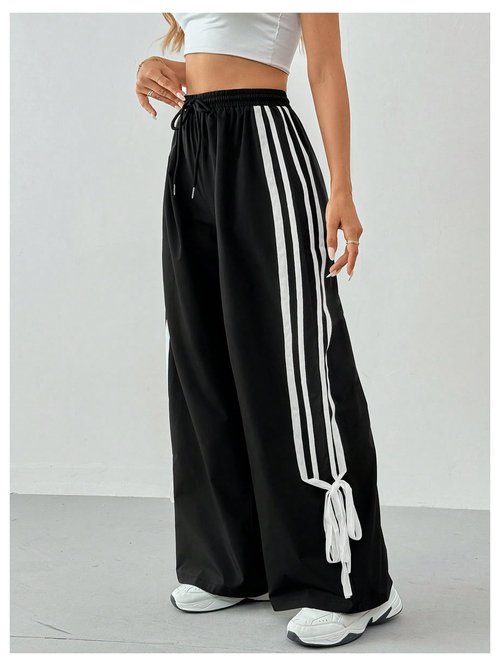 BEAUDRM Girl's Bow Track Pants Striped Sweatpants Baggy Wide Leg Parachute Pants for Joggers Hip Hop Dance Black 10 Years
