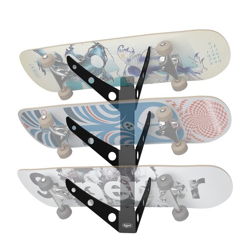 Koova 3 Skateboard Wall Mount Rack Holder | Creative Deck Display | Home or Garage Longboard Storage | Scooter Hanger | Easy Install - Hardware Incl. | Heavy Duty Powder Coated Steel Frame | USA Made