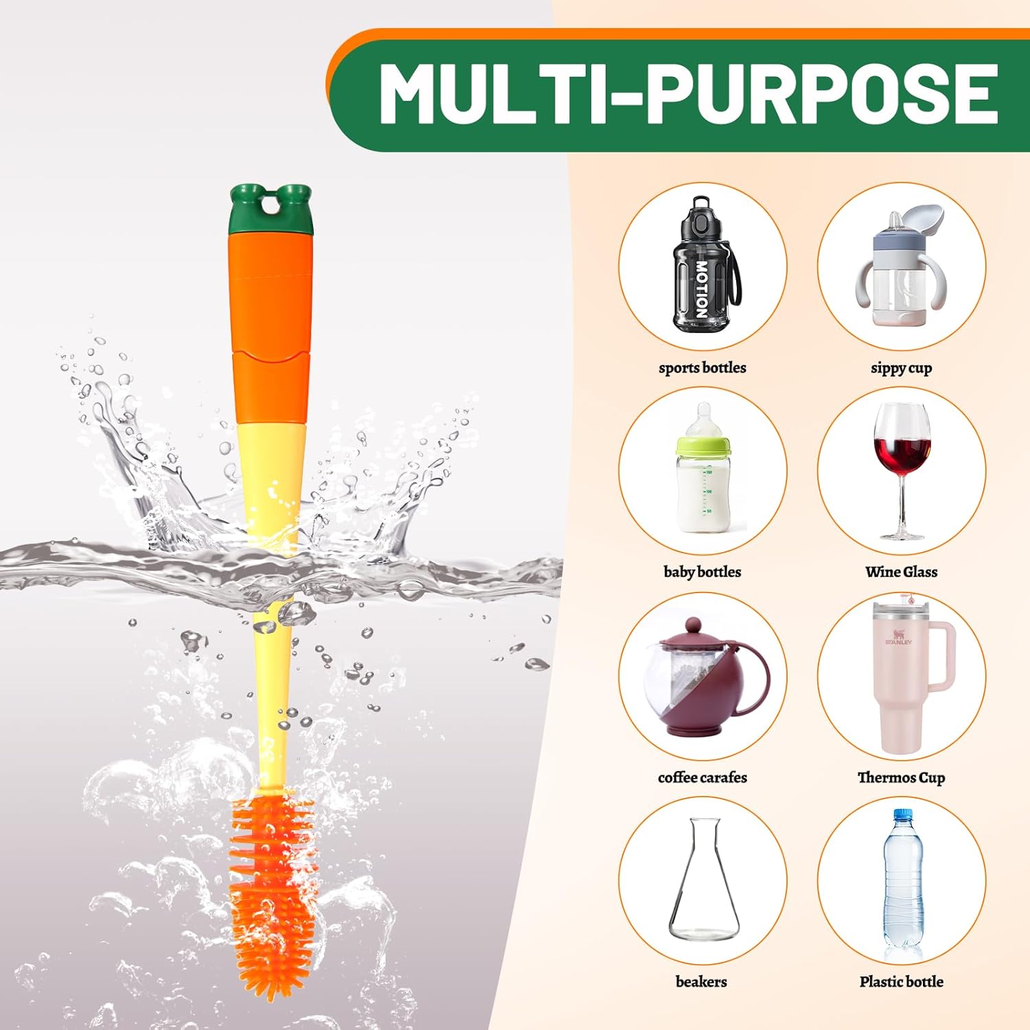 Skiennix 4-in-1 Silicone Bottle Brush - Integrated Design for Cleaning Sports, Baby & Water Bottles | 1 Pack