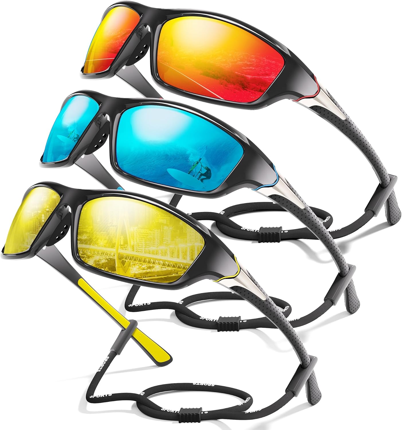 Skiennix Polarized Sports Sunglasses - UV Protection for Men | 3-Pack Wrap Around Design