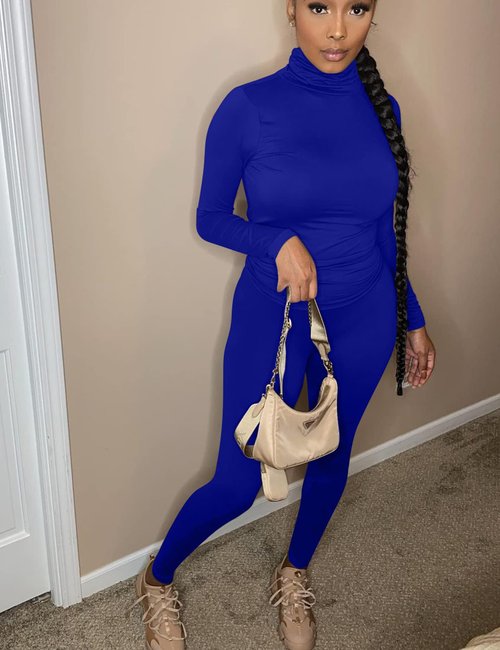 Mokoru Women's Tracksuit 2 Piece Outfits Turtleneck Long Sleeve Shirt Workout Jogger Legging Pants Set, X-Large, Royal Blue
