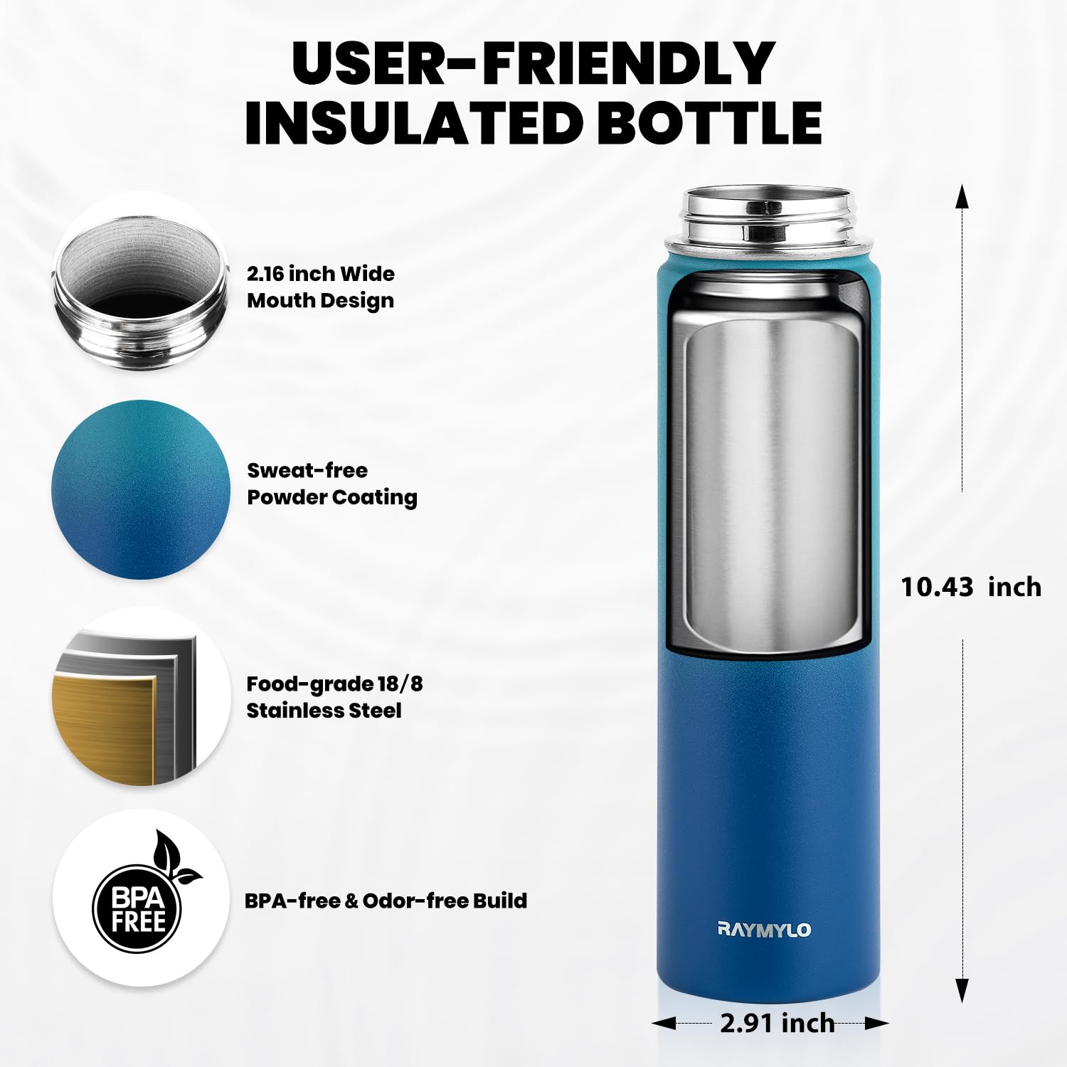 RAYMYLO Insulated Water Bottle 24 oz, Triple Wall Vacuum Stainless Steel (Cold for 24Hrs, Hot for 12Hrs), Leak Proof & Non-BPA, Modern Water Flask Jug with Paracord Handle & Straw Spout Lids