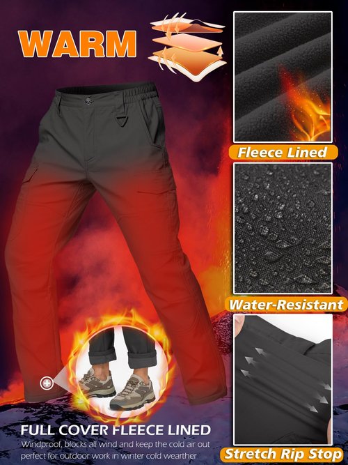 CARWORNIC Men's Ripstop Fleece Lined Tactical Work Pants Warm Water Resistant Flex Utility Cargo Skiing Hiking Pants Black