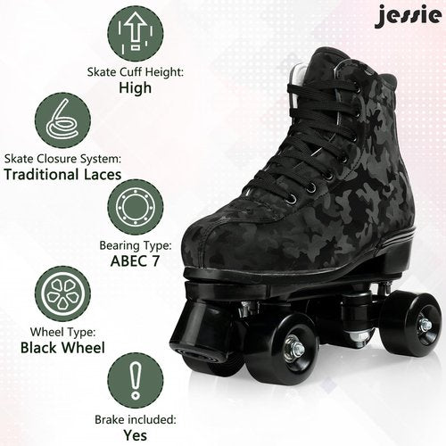 Womens Roller Skates Classic High-top Roller Skates Four-Wheel Roller Skates Shiny Camouflage Roller Skates for Adult Youth Boys Girls Outdoor with Shoes Bag (Black camo,40-US:8.5)