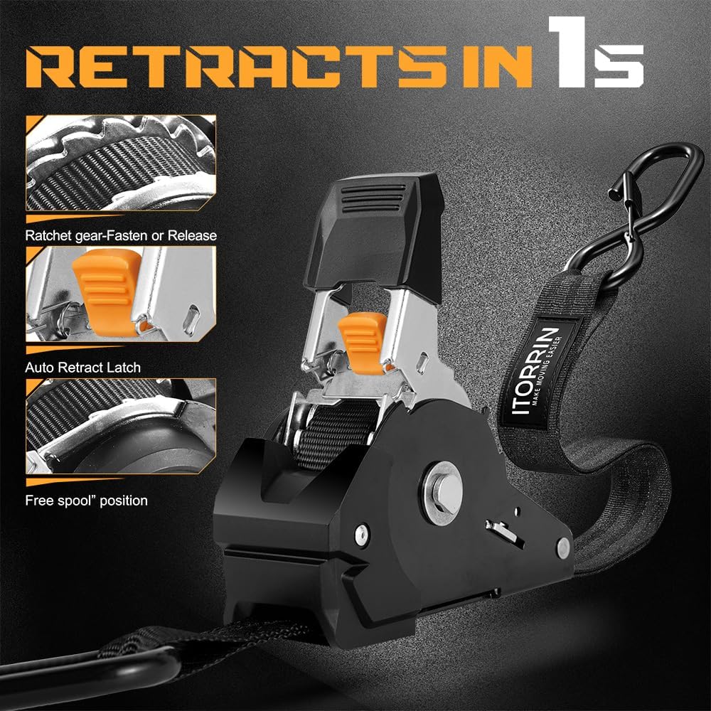 Skiennix Retractable Ratchet Straps - 1 Inch x 10 Feet, 1,650lb Break Strength | Black, 4 Pack with Soft Loops