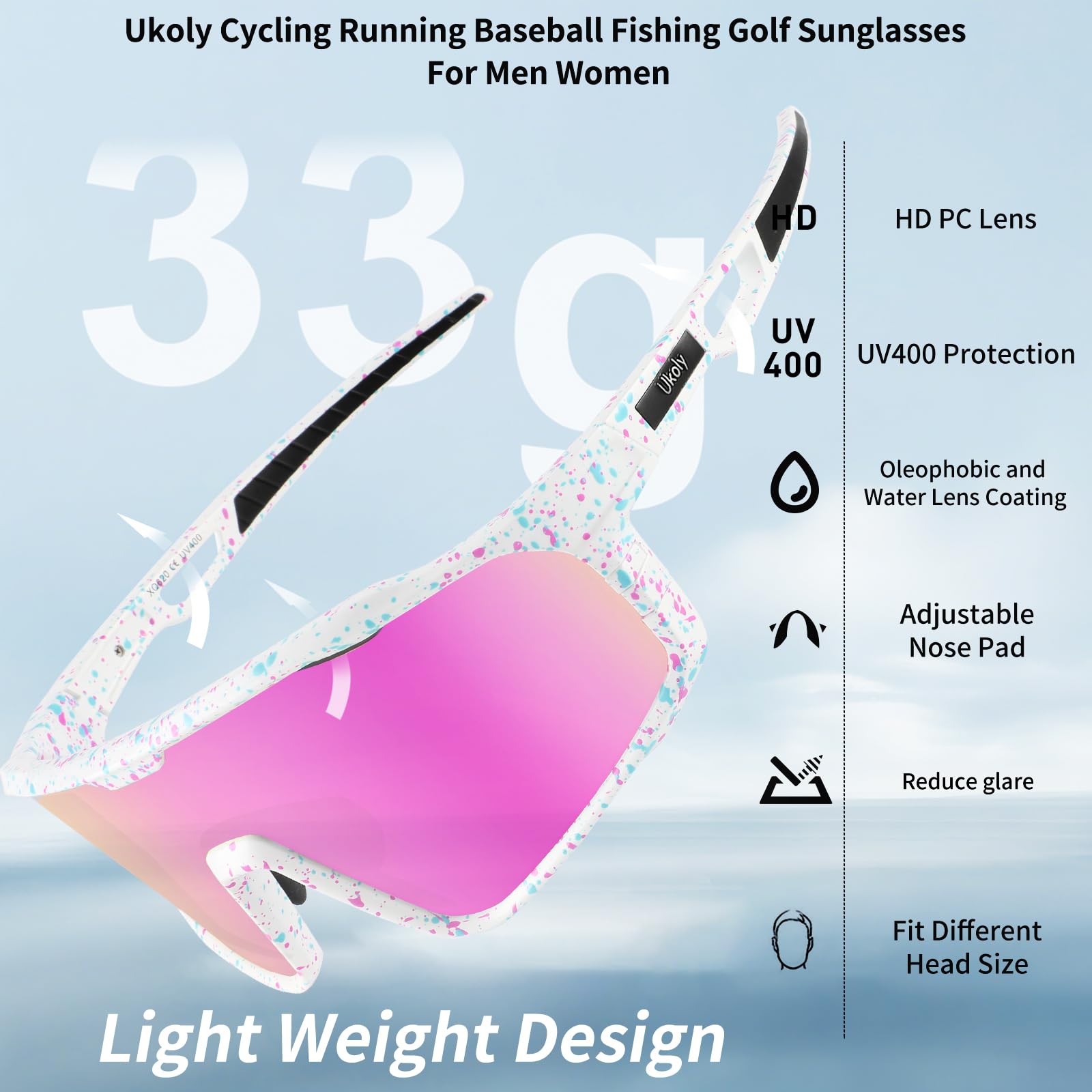 Ukoly Cycling Glasses Running Baseball Fishing Golf Sunglasses For Men Women,Sports Sunglasses HD Lens UV400coating 620 Pink