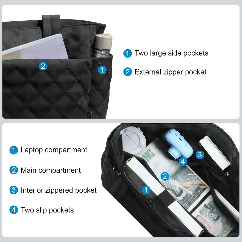Skiennix Tote Bag for Women - Lightweight Quilted Handbag with Zippered Compartments | Perfect for Work, Travel & Gym