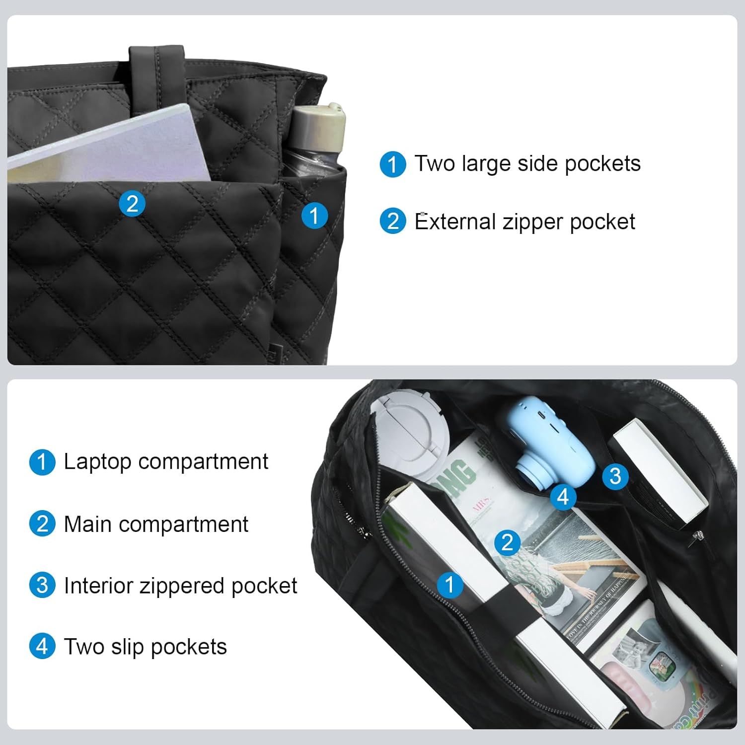 Skiennix Tote Bag for Women - Lightweight Quilted Handbag with Zippered Compartments | Perfect for Work, Travel & Gym