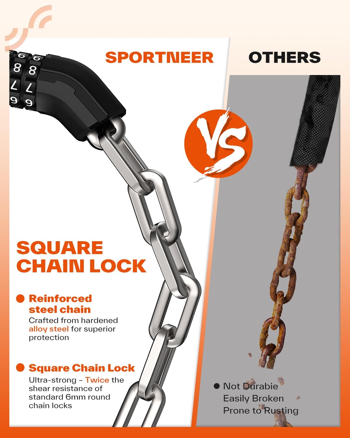 Sportneer Bike Chain Lock - Heavy-Duty 5-Digit Resettable Anti-Theft Lock | 3.2ft Length, 6mm Thickness