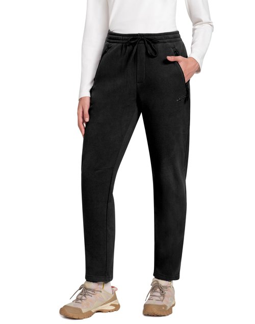 Pioneer Camp Women's Fleece Hiking Pants Lounge Straight Leg Sweatpants, Mid-Layer Winter Fleece Pants with Zipper Pockets, Black, L