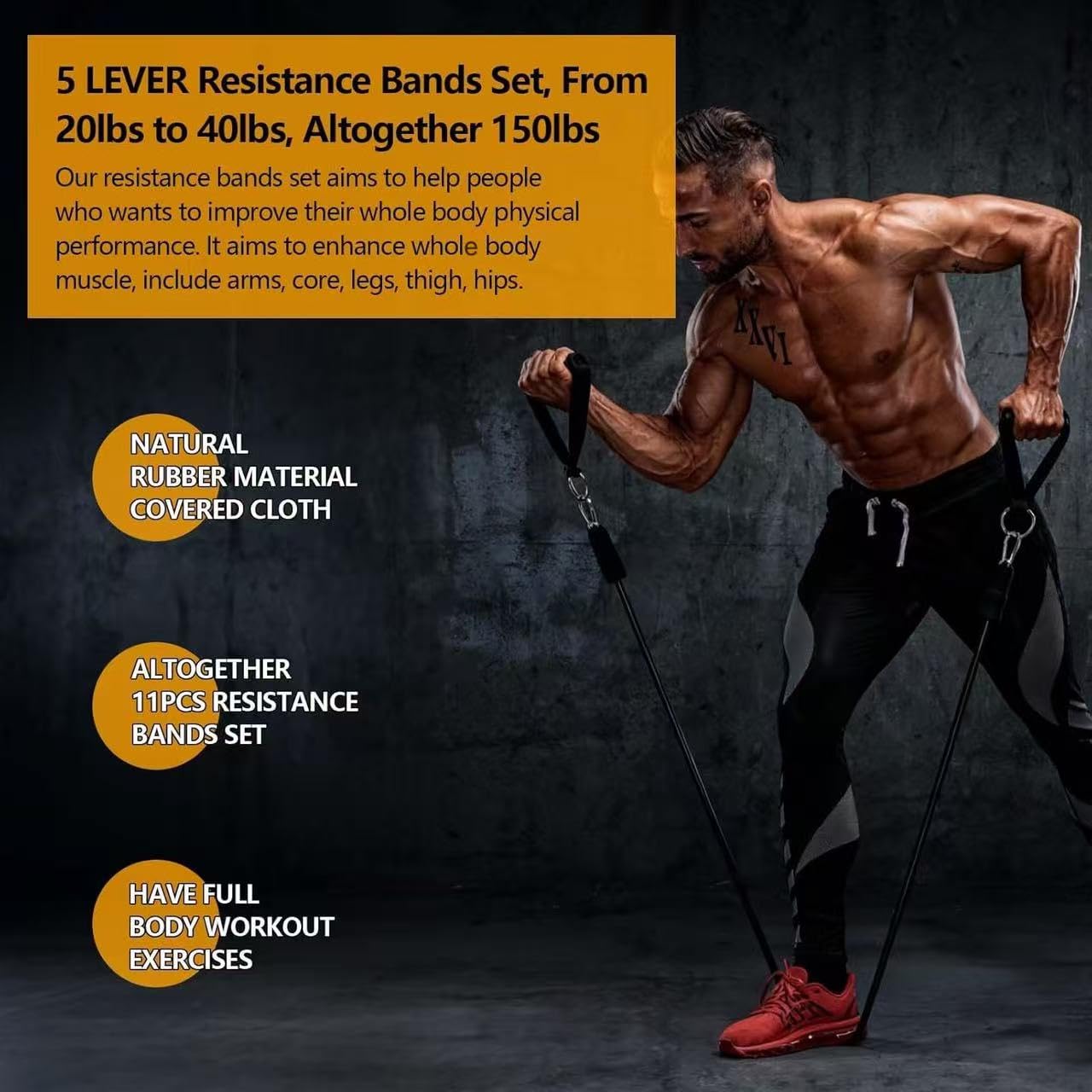Tuyzhrymlic Resistance Bands Set for Working Out, 150lb Exercise Band with Handles Ankle Strap for Physical Fitness Training Stretching Man and Women